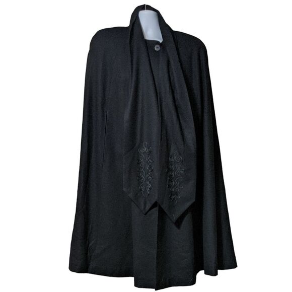 Vintage Jackets & Blazers - Alorna vintage black wool cape cloak arm slits and embroidered scarf OSFM